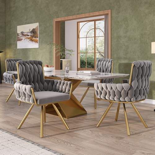 Merax Drehstuhl 4er Set, Moderne Esszimmerstuhl mit hoher Rückenlehne, Polsterstuhl aus Samt, Armlehnstuhl Drehbar mit Metallbeinen, für Esszimmer, Wohnzimmer, Schlafzimmer, Grau