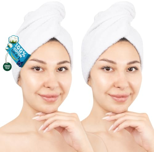 Hammetex Haarturban 2er Set mit Knopf, Haarhandtuch 100% Baumwolle | OEKO-TEX zertifiziert, saugstark, trocknet das Haar schnell, für lange & lockige Haare, sanft zur Kopfhaut, fürs Badezimmer