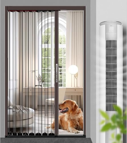 Concertina Foldable Door Acrylic Multifold Bifold Closet Doors with Top Track/ Magnetic Seal, Folding Accordion Door for Interior/ Room Living/ Bedrooms/ Study - Temporary Door Room Divider(Brown,79x8