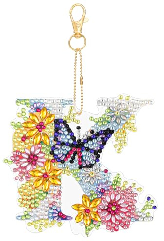 MWOOT Diamond Art Painting Anhänger Buchstabe, 5D DIY Diamond Malerei Kunst Schlüsselanhänger Schmetterling Blumen, Doppelseitige Strass Mosaik Diamant Handwerk für Rucksack Handtaschen Deko(K)