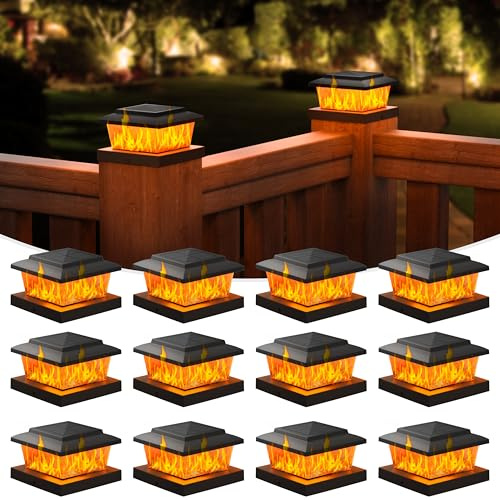 VOLISUN Solar Fence Post Cap Lights 12pack, Black Solar Deck Cap Flame Light Outdoor Waterproof, High Brightness Flickering Flame SMD LED Lighting, for 4x4 Wooden/4x4 5x5 Vinyl Post