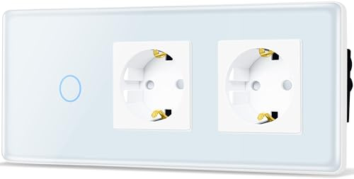 TAWOIA Interruptor de luz táctil con enchufe, estándar de la UE, 2 enchufes, 1 vía, empotrable, con placa de cristal curvada 2,5D, 86 x 228 mm, color blanco