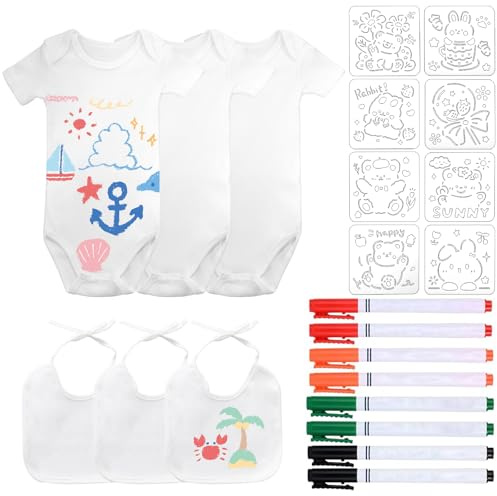 KingYH 6 Stück Bodys zum Bemalen und Baby Lätzchen zum Bemalen 6 Monate | Kurzarm Body und Lätzchen Set mit Bunte Textilstiften und Schablonen für Babyparty Spiele DIY Babyshower Deko Gender Reveal