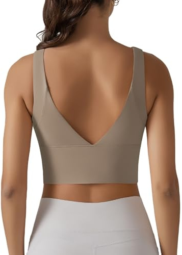 IDOPIP Sport BH Damen: Starker Halt Nahtloser BH Ohne Bügel Yoga Bra - Push up Crop Tops Elastic Wohlfühl Bügelloser Soft Fitness Lauf Joggen Tief V Rücken Bustier Große Größen kaki L