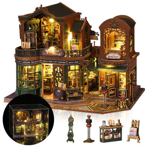 Hallisun DIY Miniature Maison, La Cité du Livre au Crépuscule Puzzle 3D en Bois avec LED Musique, Kit de Maison de poupée pour Adultes, Maquette à Décoration pour Bibliothèque Cadeau d'anniversaire