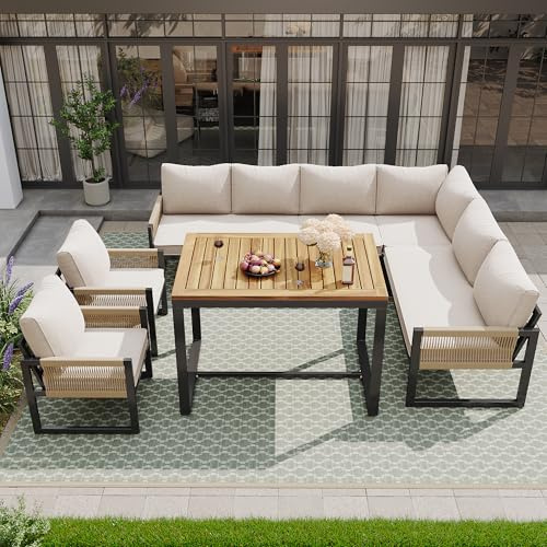 KUAKE Gartenmöbel Set, Garten Essgruppe 7-8 Personen, Gartenlounge wetterfest mit Esstisch, Hocker und Bequemen Kissen, Outdoor Loungemöbel Gartengarnitur Sitzgruppe Essgruppe, Beige