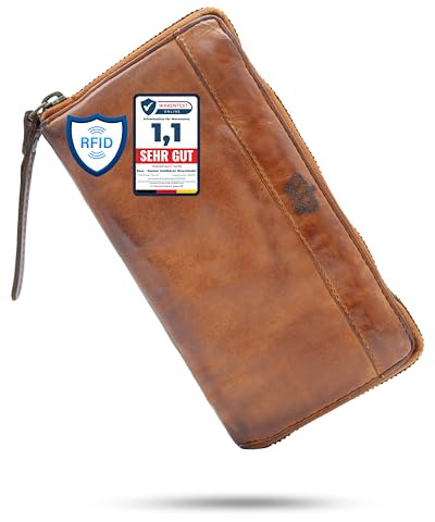 Baur Damen Geldbörse aus extra weichem Waschleder – Geldbeutel im Used-Look mit RFID-Schutz – Großes Portemonnaie mit 12 Kartenfächern – Rundum-Reißverschluss aus Metall (Glatt, Cognac)