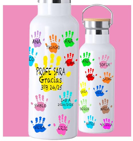 Botella Térmica Personalizada para Profesores, Diseño de Huellas de Manos, manitas de colores personalizdaas con nombres, botella termica