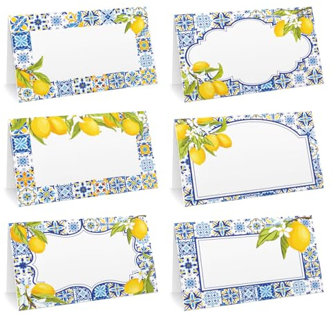 JarThenaAMCS 60 tarjetas de lugar de limón de 4.6 x 3 pulgadas, azulejos azules, tarjetas de nombre de tienda de campaña de limón amarillo, etiquetas de asignación de asiento en blanco para