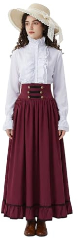 Robe française élégante à volants et manches ruchées – Costume médiéval féminin (Chemisier + Jupe vintage haute taille) – Ensemble Business Casual pour Femme – Jupe mi-longue de bureau et haut élégant