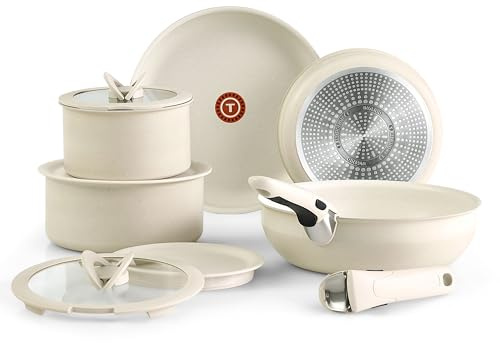 T-fal Ingenio Essentials Kochgeschirr-Set mit abnehmbarem/abnehmbarem Griff, 11-teilig, Granit-Titan, antihaftbeschichtet, Induktion, ofenfest, 500 F, stapelbar, Töpfe und Pfannen, Set, Wohnmobil