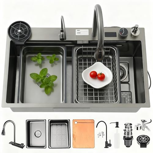JUNFUNNLE Fregadero Cocina 68 x 45 cm, Fregadero Cocina en Acero Inoxidable Negro, Fregadero Grande Con Cascada 1 seno, Incluye grifo de cocina, Cesta de Drenaje, Dispensador de Jabón y descarga