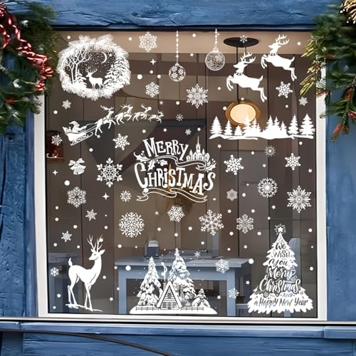 Weihnachten Fensteraufkleber, 216 Stück Weihnachtsbaum Weihnachtsmann Rentier Schneeflocken Haus Fensterbilder, Weiß Selbstklebend Weihnachten Fensterdeko für Partys Glasfenster Heim Geschäft Schule