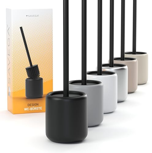 SAVEGA – Scopino WC Silicone Nero con Porta in Acciaio e Coperchio – Spazzola WC Moderna per Bagno