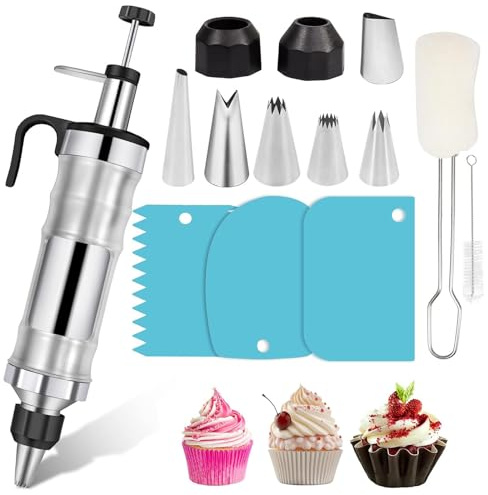 Icing Piping Kit Nozzles Set, Stainless Steel Reusable Icing Piping Syringe with 6 Nozzles and 3 Scrapers for DIY Baking Cupcake Dessert Cake Decorating Tools Accessories (Black)