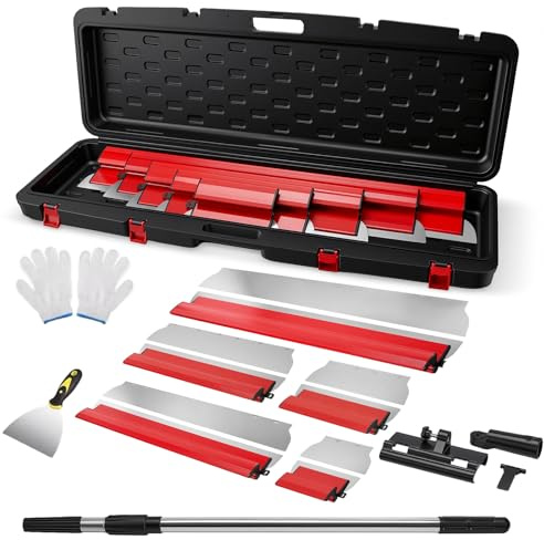 5 teiliges Flächenspachtel, Spachtel Werkzeug (25/40/60/80/100cm) mit Ersatzklingen & Handschuhe tragen & 81cm Teleskopstange, Multifunktionales Glättungsspatel Kit für Trockenbau & Verputzer
