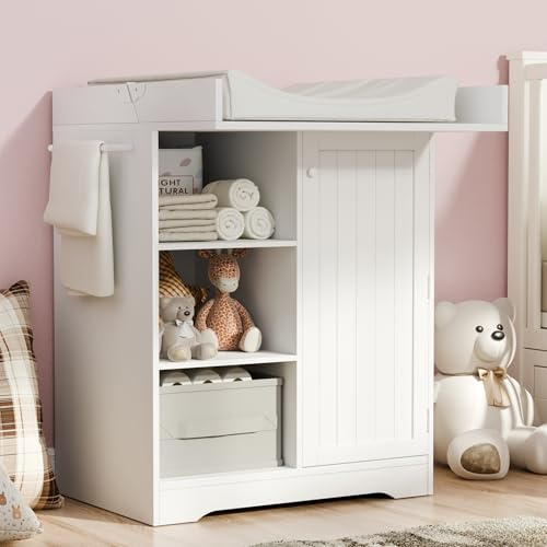 Gyfimoie Baby Changing Table with Foldable Tabletop, White Storage Cabinet with Shelf & Door Rack, Modern Diaper Changing Station with Storage, Perfect for Bedroom & Nursery (Pad Not Included)