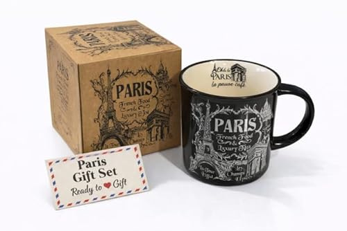 Taza Paris de cerámica 380 ml – Gran capacidad café té chocolate caliente – taza parisina elegante – sólida y duradera – caja de regalo lista para regalar (negro parisiano)