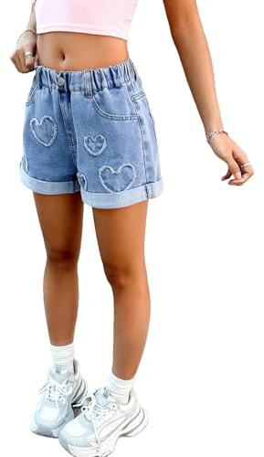 Pantalones Cortos Vaqueros para Niñas,Cintura Alta Jeans Shorts con Bolsillos Suelto Casual Pantalon Corto Vaquero de Pierna Ancha Vaqueros de Veranos con Estilo Moderno Niña 5-16 años