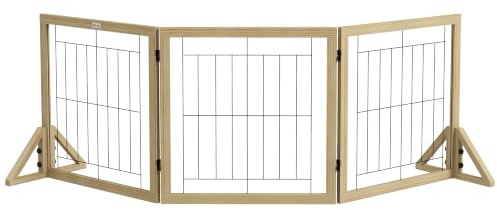 PawHut Cancellino per Cani Pieghevole 3 Pannelli 210x70 cm Color Legno | Cancelletto di Sicurezza, per Animali e Cuccioli, Piedini Triangolari, Cancello per Cani