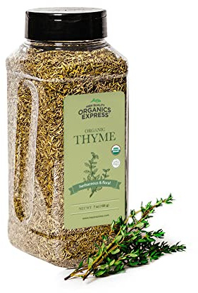 HQOExpress Organic Thyme Leaf – Non GMO, Kosher, USDA Certified Organic Dried Thyme Leaves – Aromatic and Savory Seasoning for Pastas, Soups and Stews, 7 oz. Chef Jar
