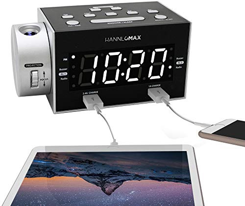 HANNLOMAX HX-135CR Alarm Clock Radio with Projection, PLL FM Radio, Dual Alarm, Dual USB Ports for 2.4A and 1A Charging, White LED Display, AC/DC Adapter Included.