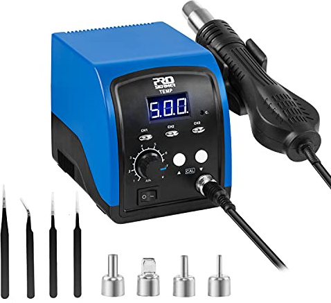 Hot Air Rework Station, Prostormer 120V Digital Display Heat Gun with 3 Sets Stored Temperature and Sleep Mode, Airflow Efficiency, Accurate Temp 100~500 ℃ (212~932°F) for Electronics Repairing