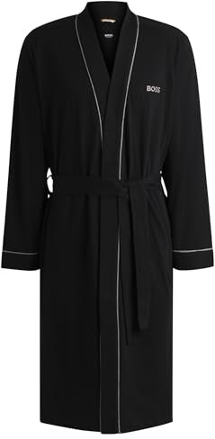BOSS Herren Kimono Bademantel Morgenmantel aus Baumwoll-Jersey mit Logo und Paspeln Schwarz M