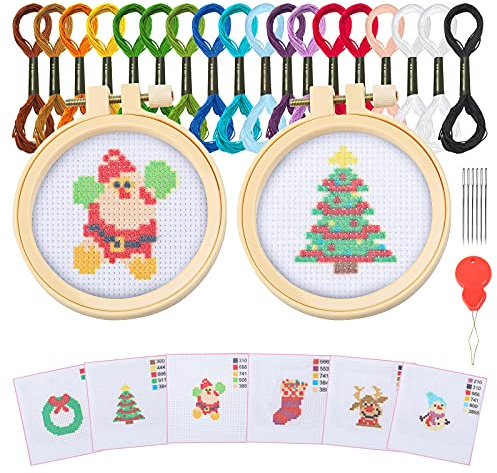 Ysimple 6 motivi tondi regolabili, kit ricamo, fai da te, kit di ricamo, kit di avvio del ricamo, con 2 cornici di ricamo in bambù per amanti del cucito adulti principianti (Natale)