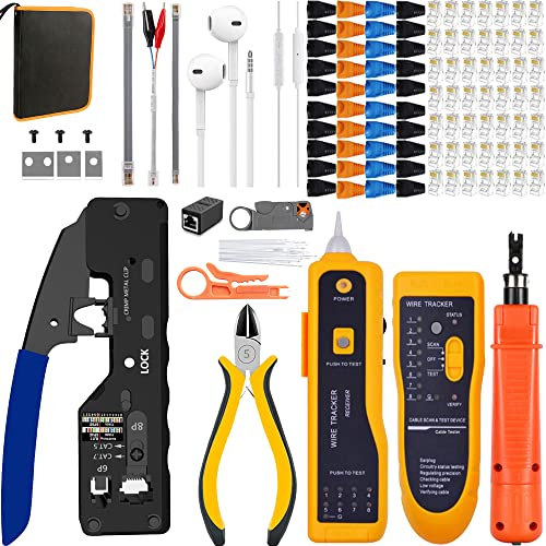 MAYLINEE RJ45/CAT5 Juego de Herramientas de Reparación de cable de red, de crimpado paraRJ12 Crimp Wire Stripping Cable prueba, Profesional Ordenador CAT6 pelacables alicates de(Rojo)