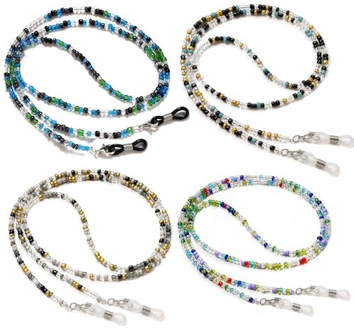 BILIONE 4 Pcs Beaded Glasses Chains for Women Girls, Glasses Holder Strap, Premium Sunglasses Hanger Keeper Around Neck, Acrylic Face Mask Retainer