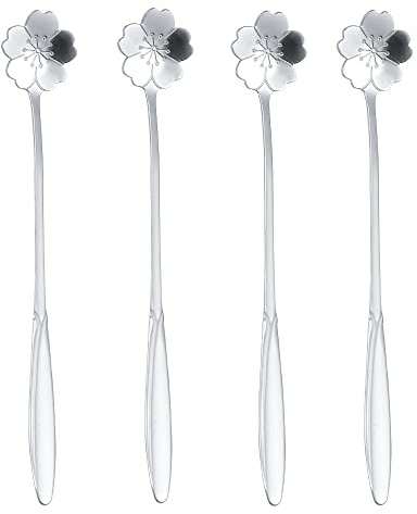 Lot de 16 cuillères à café en forme de fleur de 17,8 cm en acier inoxydable à long manche en forme de sakura Argenté