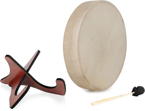 Classic Cantabile SD-18 Schamanentrommel 18 Set mit Ständer, Tiefe: 7 | Mit Ziegenfell bespannt, Inklusive Schlägel, Schnurspannung mit Halteschlaufe, Kessel aus massiver Esche, 5 cm, 2 kg, Yoga