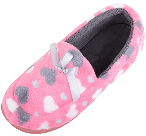 ABSOLUTE FOOTWEAR Womens Easy Slip On Soft Wide Fit Moccasin Style Heart Design Slippers