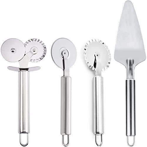 4 Pcs Pizzaschneider Set, 3 Pcs Premium Pizzaroller aus Edelstahl und 1 Pizza Spatel, Professioneller und Handlicher Pizza Cutter Pizzaheber, Spülmaschinengeeignet