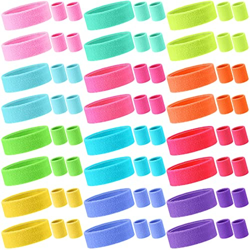 Yuxung 72 Pcs Neon Sweatbands Set for Women Tennis Wristbands Cotton Terry Cloth Sports Athletic Sweat Bands for Running Gym Basketball Workout Sports 80s 90s Costume Cosplay Party (Multicolor)