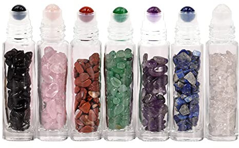 MKNZOME 7Pcs 10ml Essential Oil Roller Bottle Kit, Glass Fragrance Cosmetic Carrier Bottles with Gemstone Roller Ball & Crystal Chips, Ideal Container Sample Bottle for Aromatherapy Perfume Lip Oil