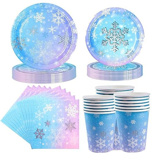Blue Gradient Snowflake Birthday Party Supplies, Baby Shower Party and Christmas Party Decorations, 65 Pcs Christmas Snowflake Dinner Plates, Napkins and Paper Cups Sets.