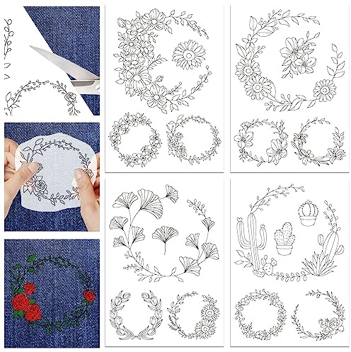 GLOBLELAND 4 Blatt A4 Blumen-Blatt-Kranz Stickvlies Wasserlöslich Selbstklebend 17 Stück Frühling Stickmuster Stickaufkleber Stickvorlagen für DIY Projekte Stickerei Anfänger