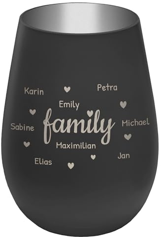 Windlicht mit Gravur Family - personalisierbar mit Namen - Schwarz/Silber - Höhe 12 cm - Teelichthalter Kerzenhalter Vornamen Familienmitglieder