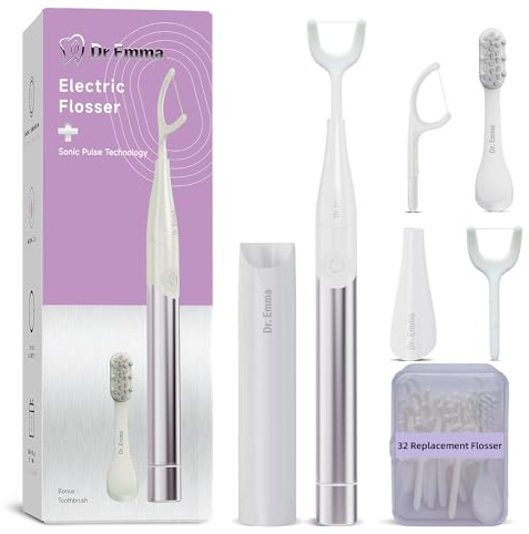 Dr. Emma Hilo Dental Eléctrico, Hilo Dental de Potencia para Adultos y Niños, Estimulador de Encías, Limpiador de Dientes, Herramienta de Hilo Dental Reutilizable con Cepillo de Dientes, Alternativa