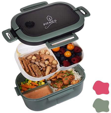 Picnico Lunchbox mit Fächer - 1200ml mit Löffel und Gabel - auslaufsichere Brotdose mit 2 Etagen
