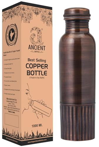 Ancient Impex Bouteille en cuivre pur finition antique de qualité supérieure, capacité de 950 ml pour les bienfaits de la santé ayurvédique, motif demi-doublure