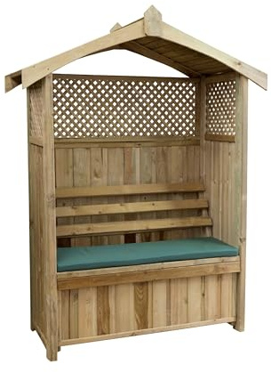 Parcel in the Attic Barcelona Garden Arbour Seat with Trellis & Storage Bench with Seat Pad - 10 year warranty against rot (Green Pad)