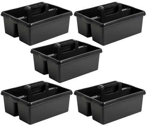 5 X Heavy Duty Large Plastic Handy Kitchen Tool Cleaning Tool Box with Handle Utility Storage Tidy Organiser Tote Tray Two Compartment Cleaners Carry Caddy Multipurpose Cleaning Tools - Midnight Grey
