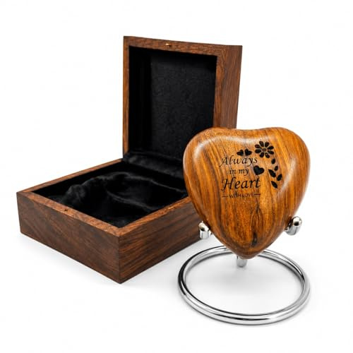 Holzurne in Herzform, Andenken, Urne für menschliche Haustierasche, handgefertigte Urne in Herzform, perfekt für Erwachsene und Säuglinge, mit Holzbox und Ständer, 7,6 cm (Always in My Heart with