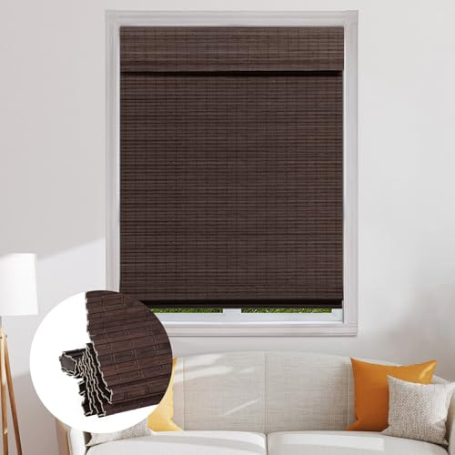 SEEYE Cordless Bamboo Roman Shades, Blackout Natural Bamboo Blinds for Indoor Windows, Roll Up Blind Privacy Shade for Home, Office, Door, UV Resistant & Easy to Install, 34 W x 64 H, Brown