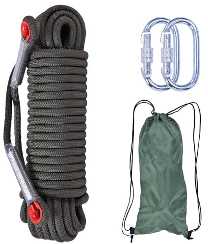 LZ.MZXU Corda da Arrampicata 20 Metri 10mm Corda per Arrampicata Corda di Sicurezza con 2 Moschettone Multifunzionale Corda per Alpinismo Campeggio Sportivo All'aperto(Nero)