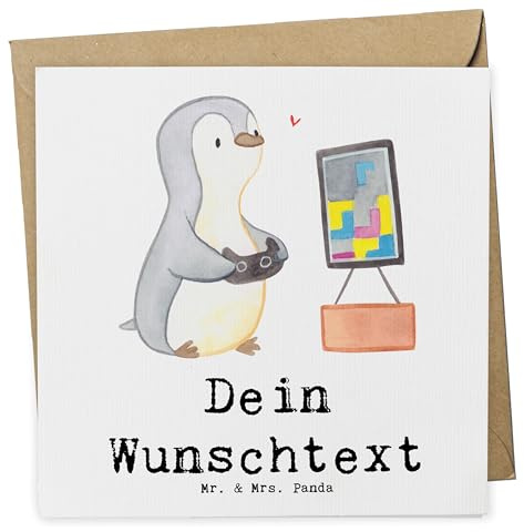 Mr. & Mrs. Panda Personalisierte Karte Pinguin Zocken - Geschenke, Geschenk, Postkarte personalisiert, Grußkarte, Videogames, Karten, Gaming, Videospiele