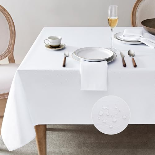 Softalker Tischdecke Weiß Rechteckig 140x240 cm Abwaschbare Jacquard Geometrischem Outdoor Tischtuch Table Cloth für Gartentisch Campingtisch Wohnzimmertisch (210 GSM Washable Fleckschutz)